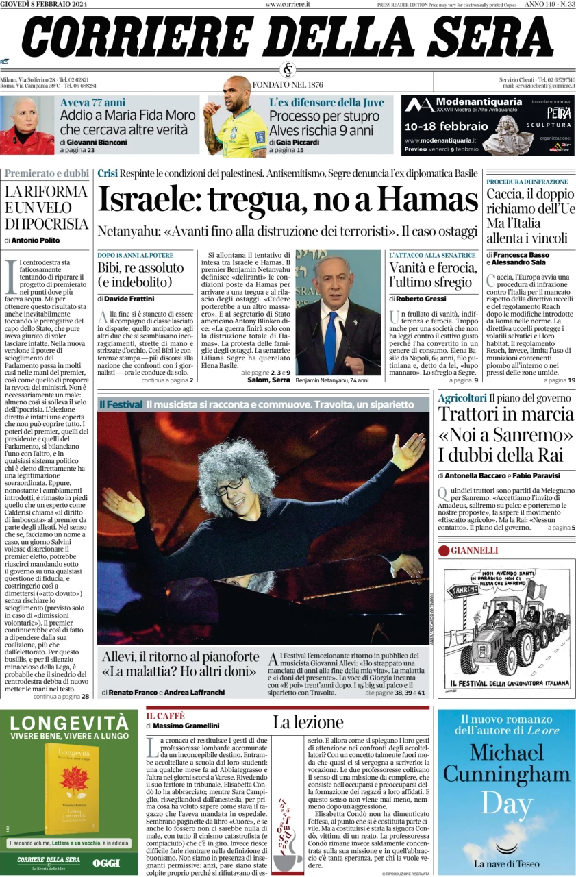 anteprima della prima pagina di corriere-della-sera del 09/02/2024