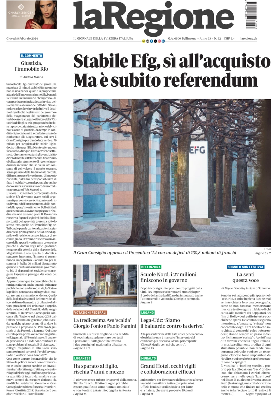 anteprima della prima pagina di la-regione del 09/02/2024