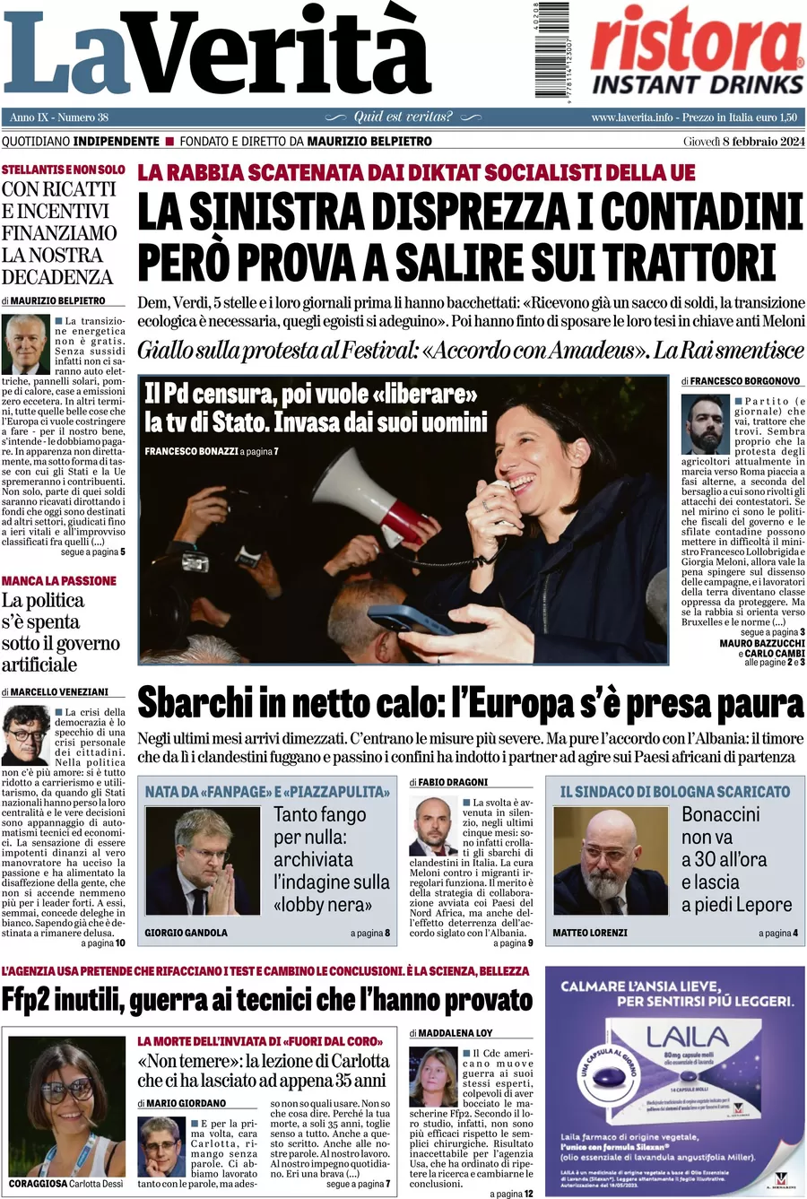 anteprima della prima pagina di la-verit del 09/02/2024