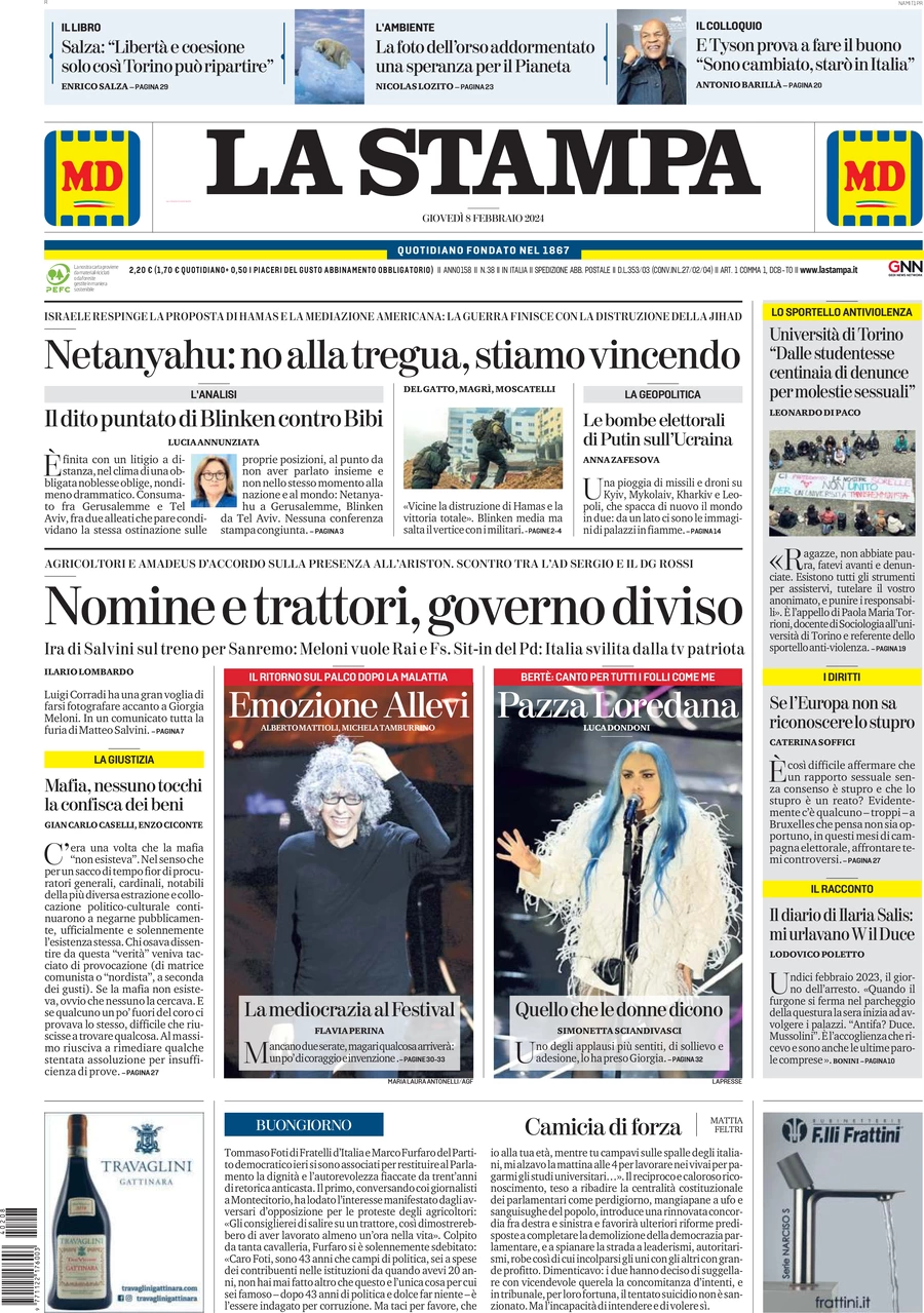 anteprima della prima pagina di la-stampa del 09/02/2024