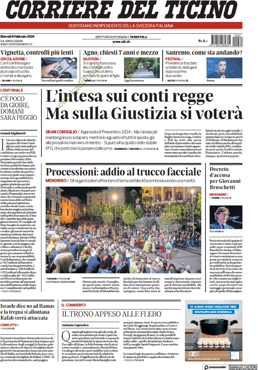 anteprima della prima pagina di corriere-del-ticino del 09/02/2024