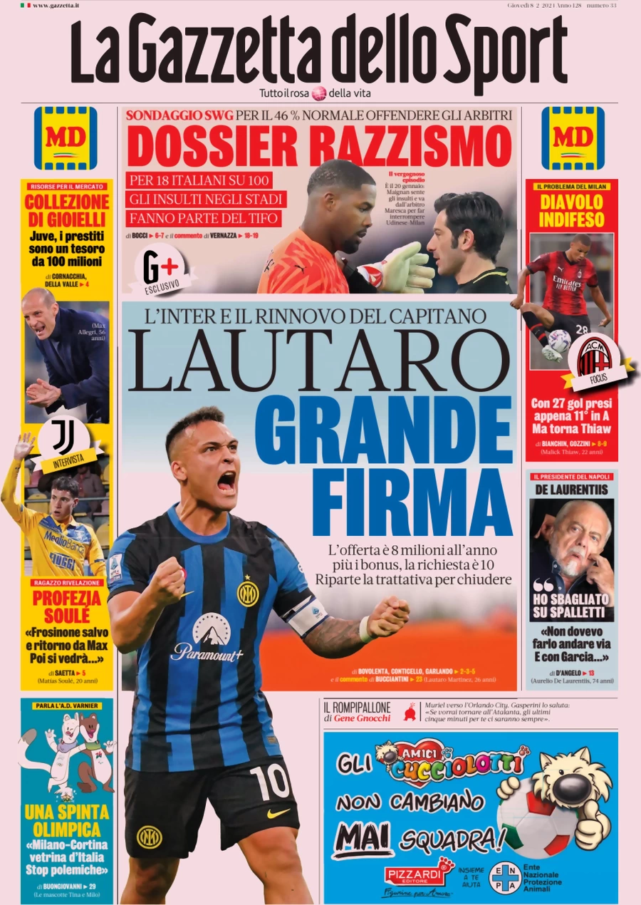 anteprima della prima pagina di la-gazzetta-dello-sport del 09/02/2024