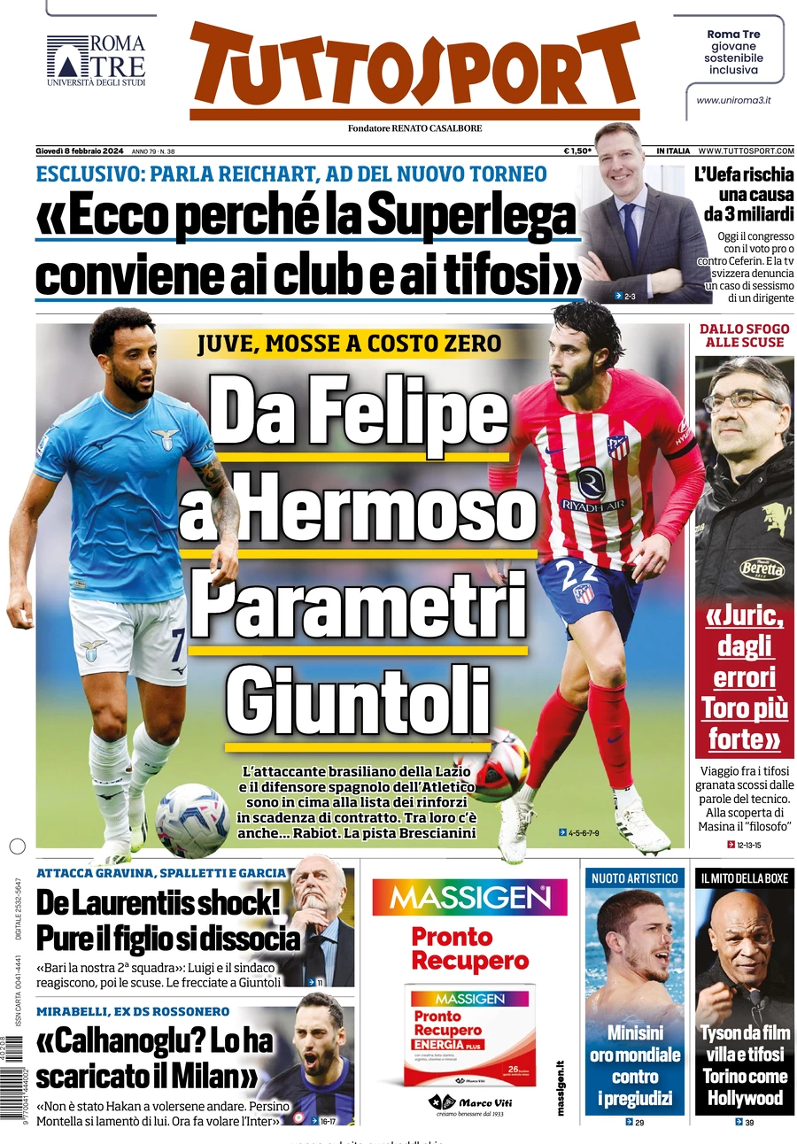 anteprima della prima pagina di tuttosport del 09/02/2024