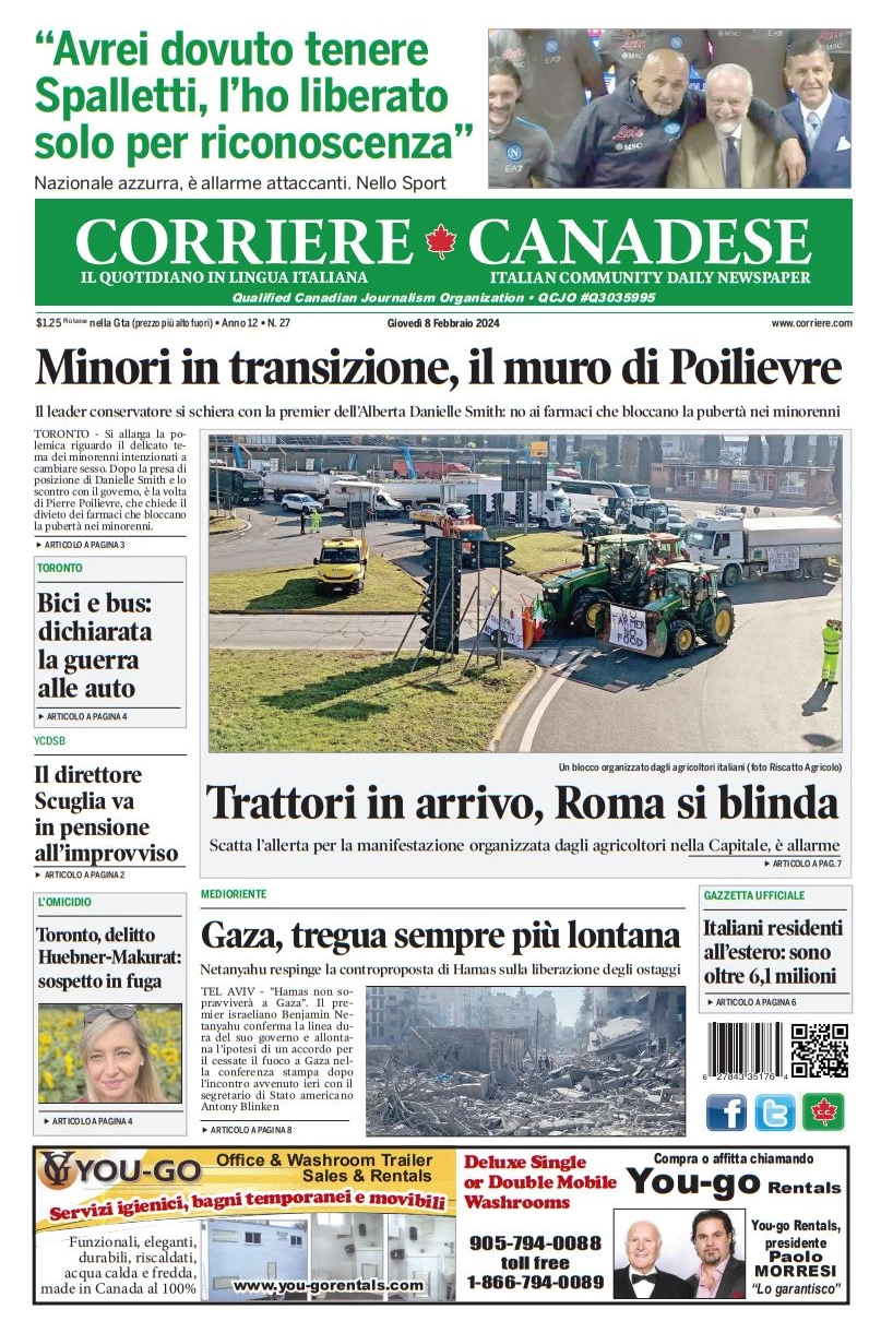 anteprima della prima pagina di corriere-canadese del 09/02/2024