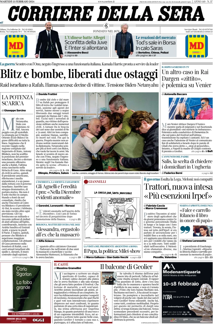 anteprima della prima pagina di corriere-della-sera del 13/02/2024