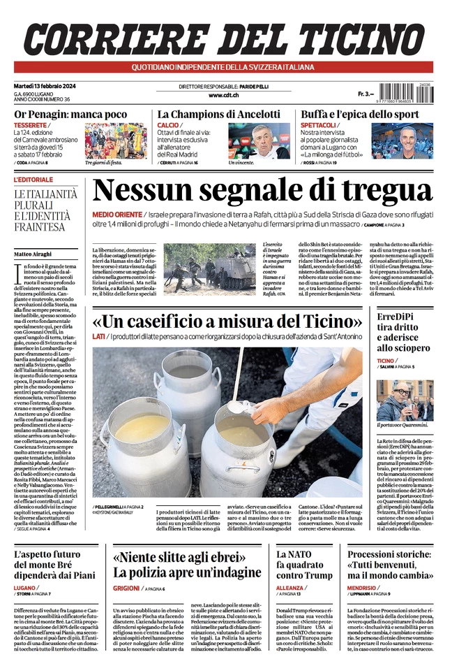 anteprima della prima pagina di corriere-del-ticino del 13/02/2024