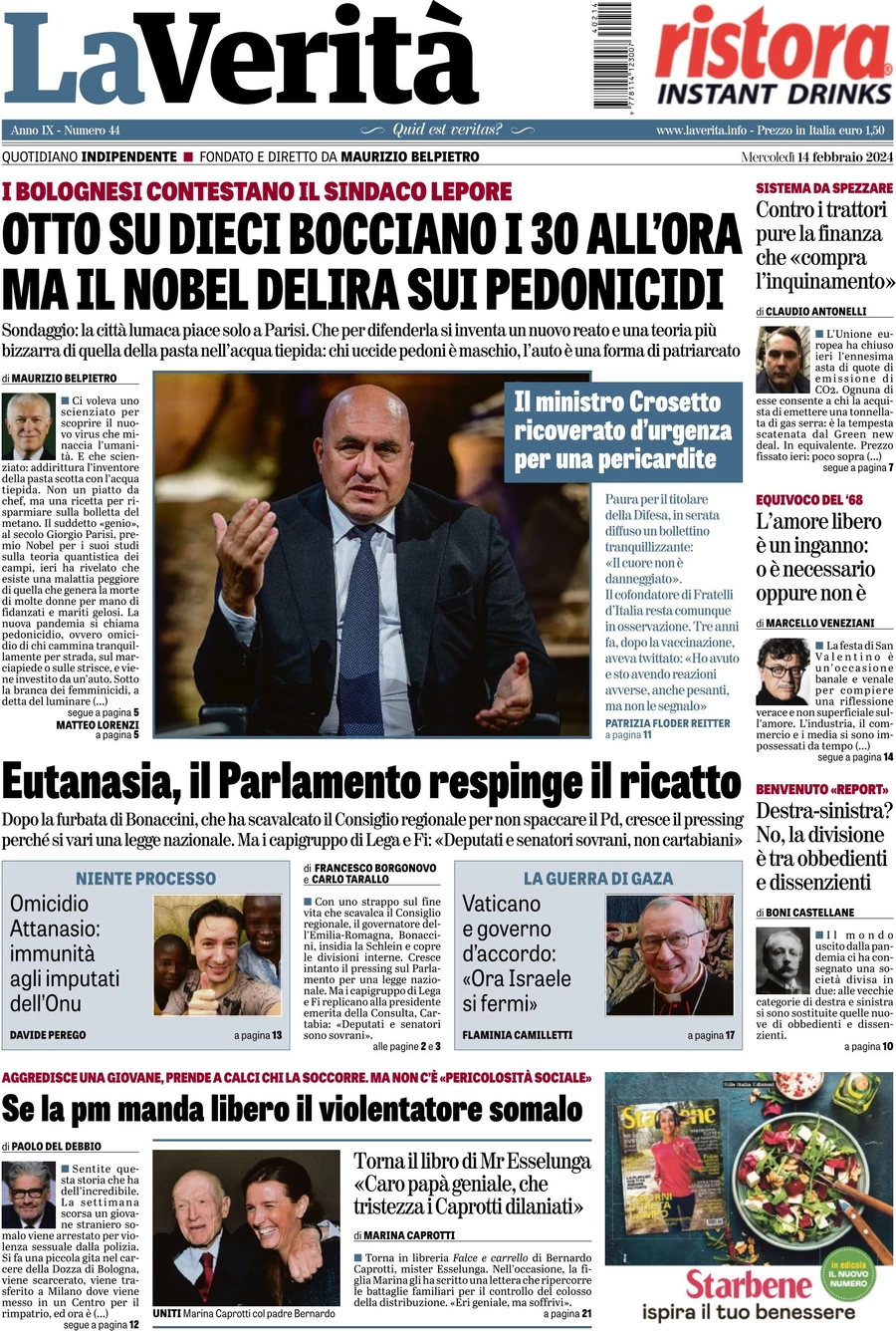 anteprima della prima pagina di la-verit del 13/02/2024