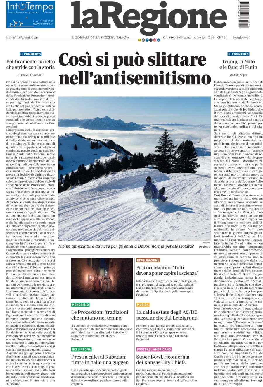 anteprima della prima pagina di la-regione del 13/02/2024