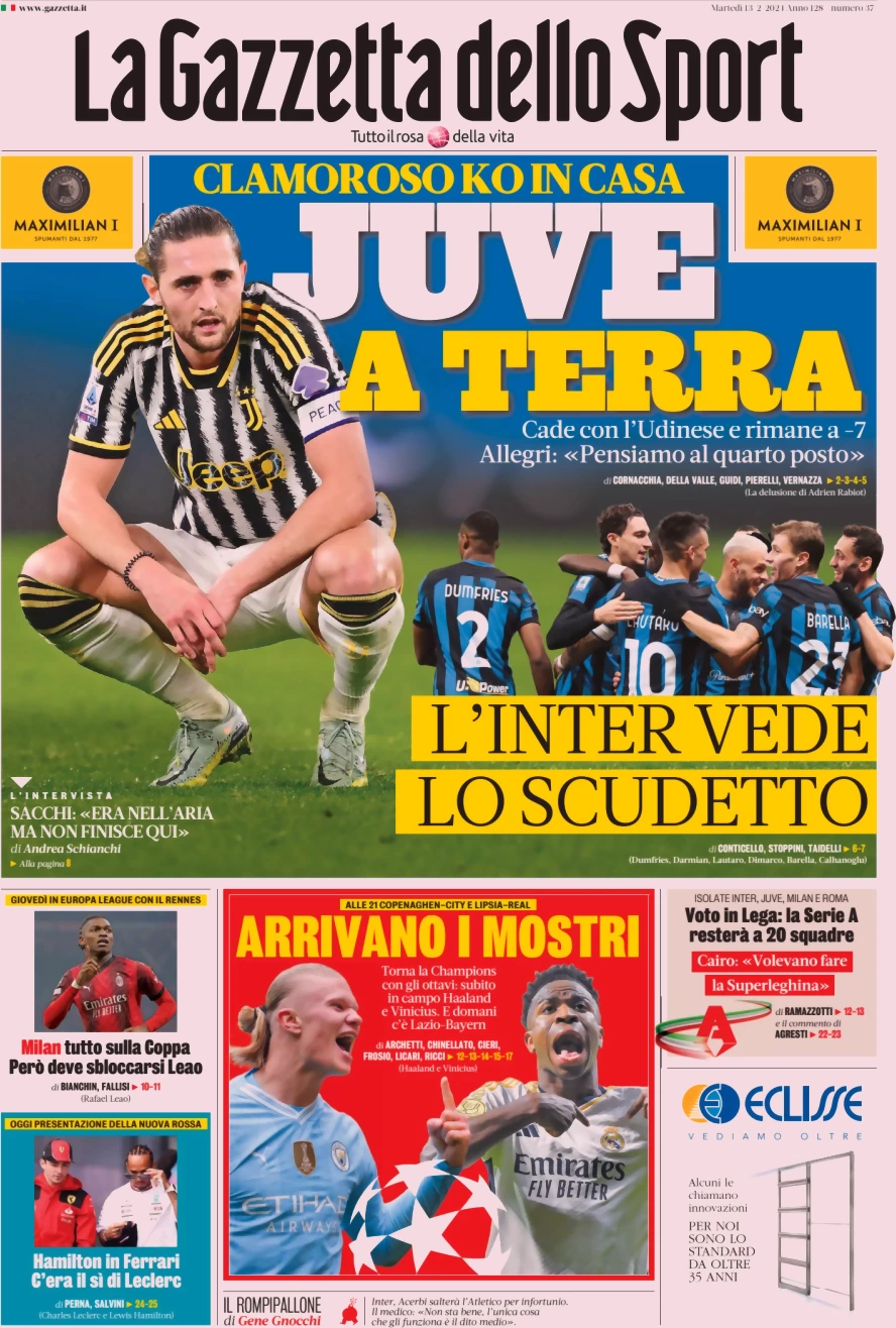 anteprima della prima pagina di la-gazzetta-dello-sport del 13/02/2024