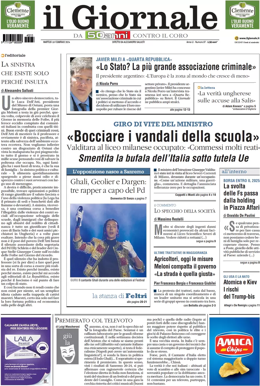 anteprima della prima pagina di il-giornale del 13/02/2024