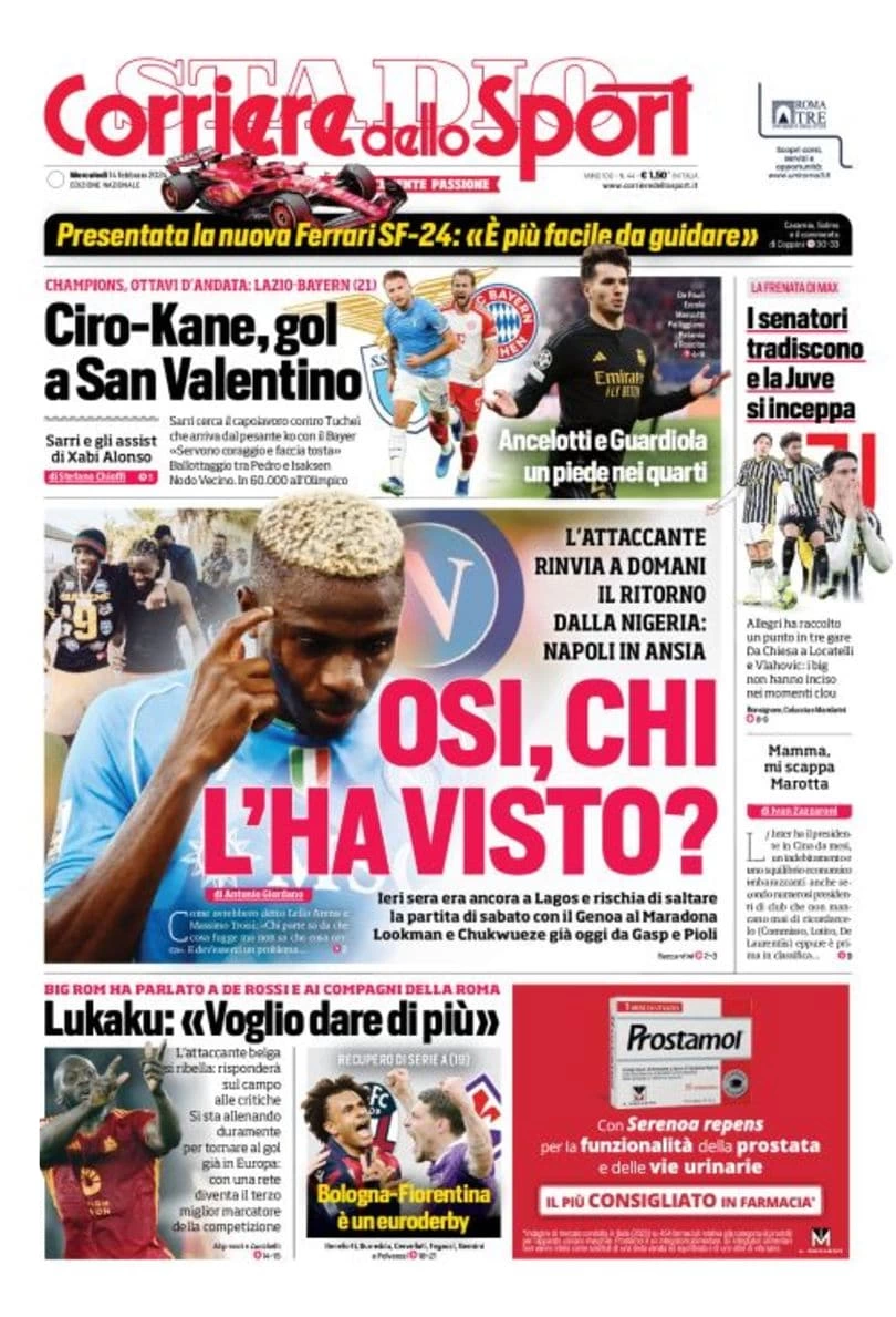 anteprima della prima pagina di corriere-dello-sport del 13/02/2024