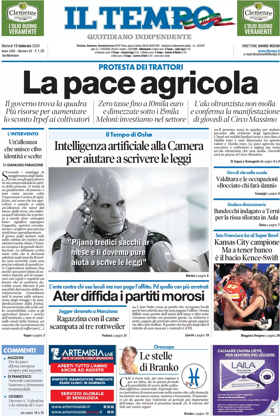 anteprima della prima pagina di il-tempo del 13/02/2024