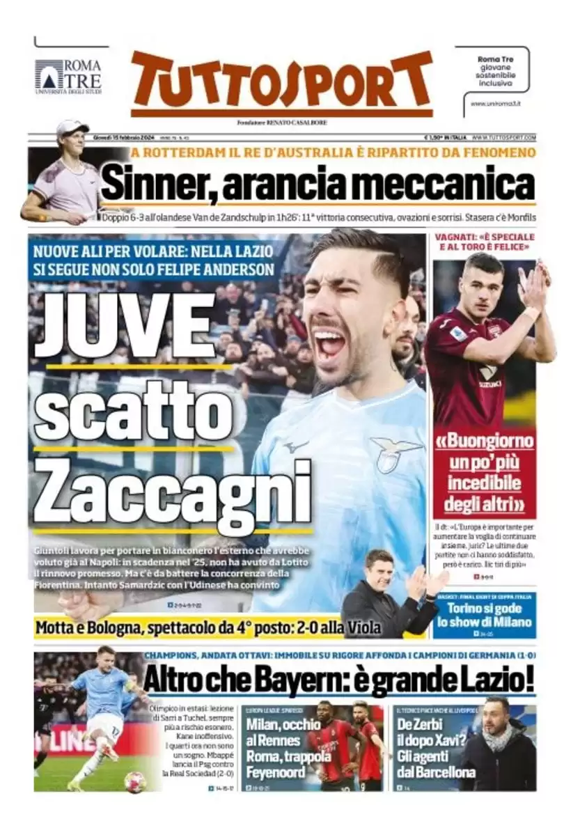 anteprima della prima pagina di tuttosport del 14/02/2024