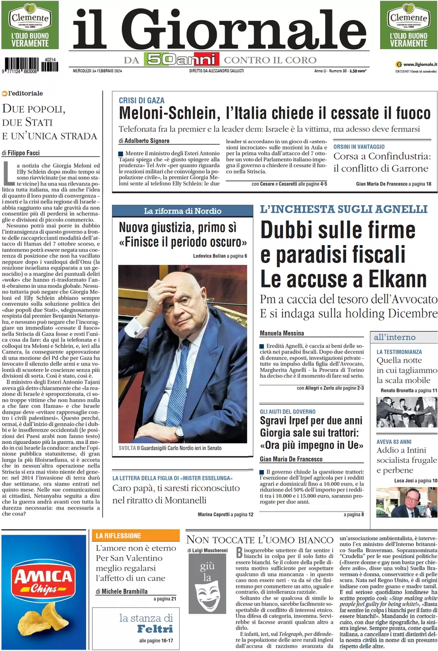 anteprima della prima pagina di il-giornale del 14/02/2024