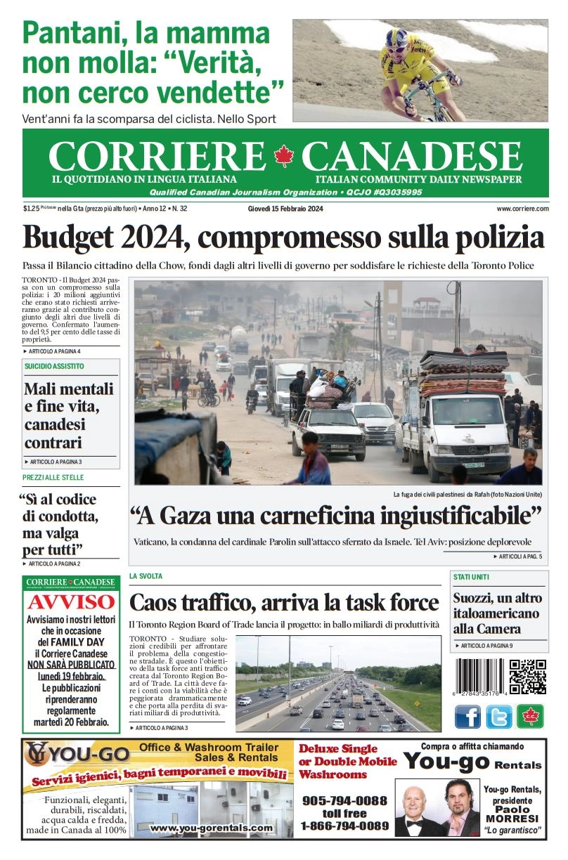 anteprima della prima pagina di corriere-canadese del 14/02/2024