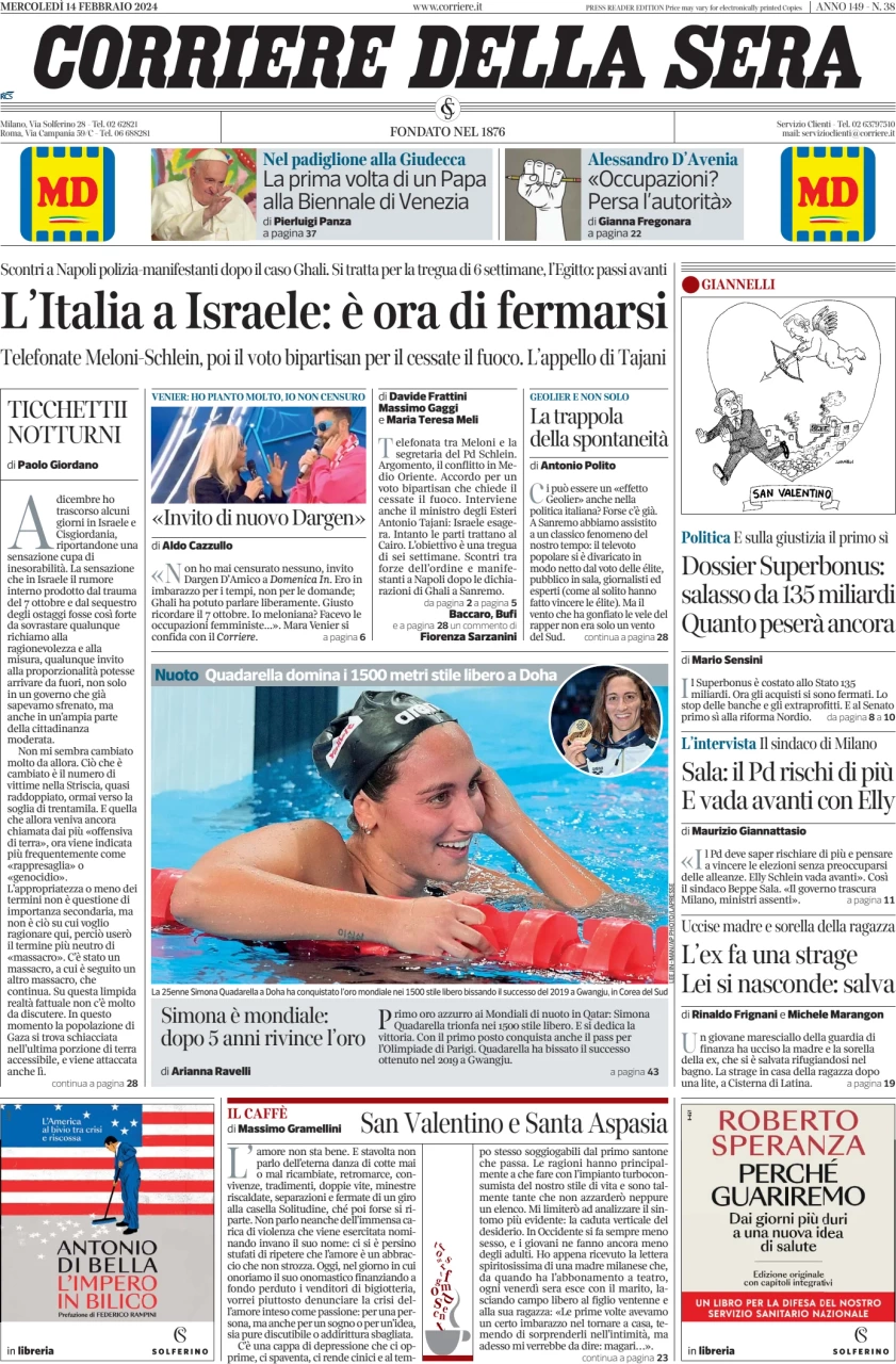 anteprima della prima pagina di corriere-della-sera del 14/02/2024