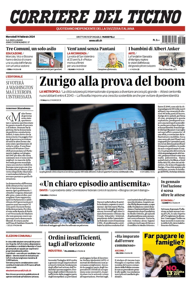 anteprima della prima pagina di corriere-del-ticino del 14/02/2024