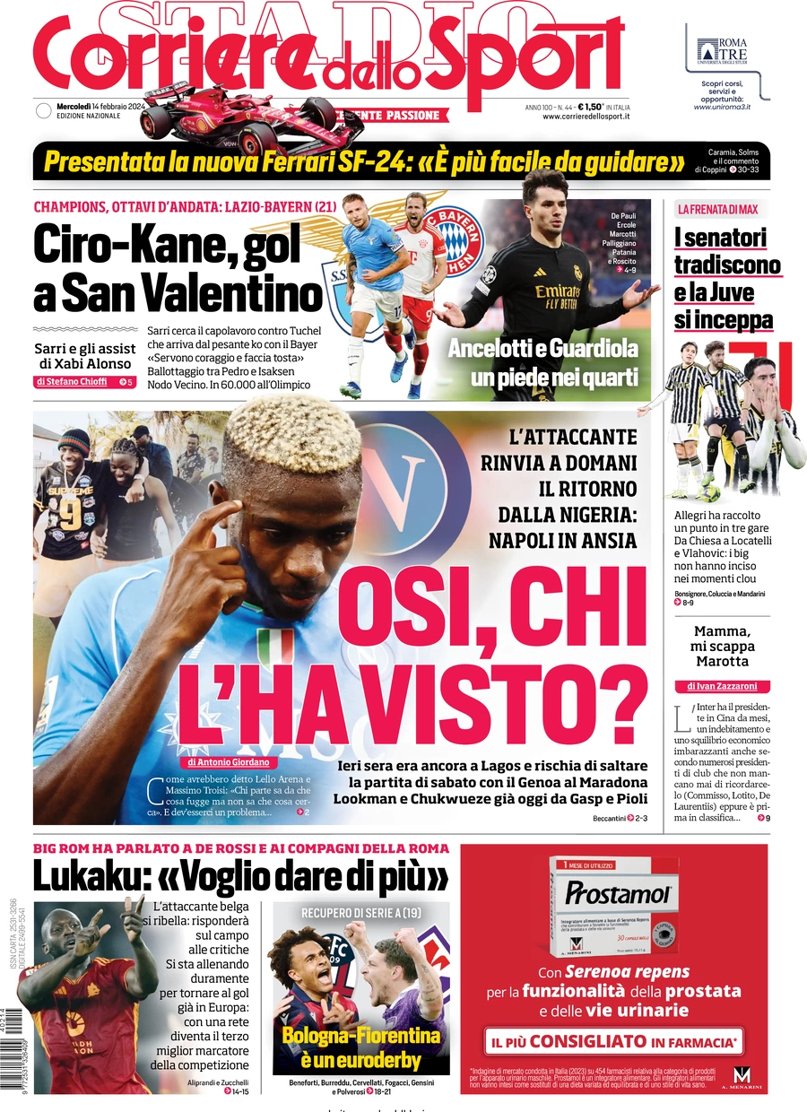 anteprima della prima pagina di corriere-dello-sport del 14/02/2024