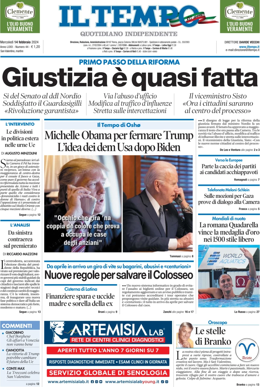 anteprima della prima pagina di il-tempo del 14/02/2024