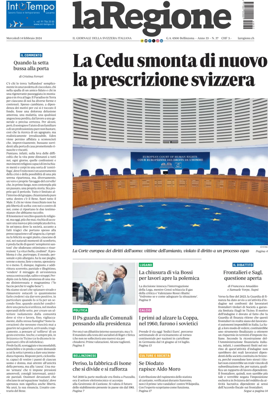 anteprima della prima pagina di la-regione del 14/02/2024