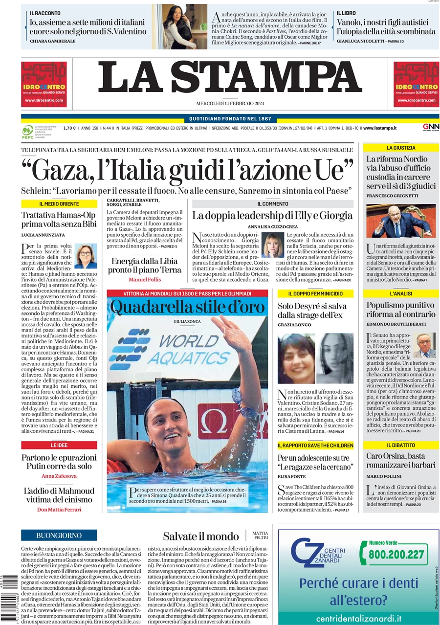 anteprima della prima pagina di la-stampa del 14/02/2024