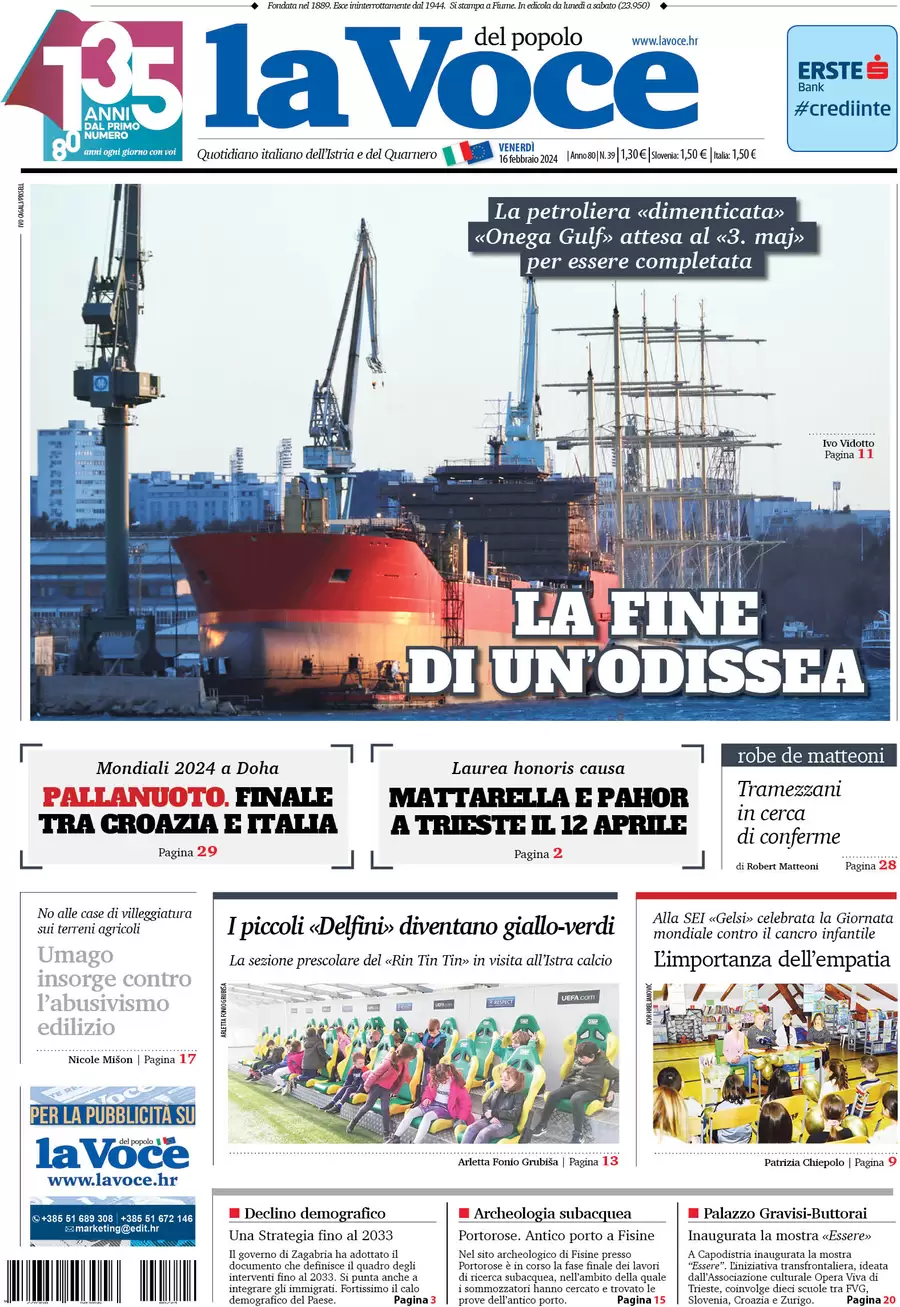 anteprima della prima pagina di la-voce-del-popolo del 15/02/2024