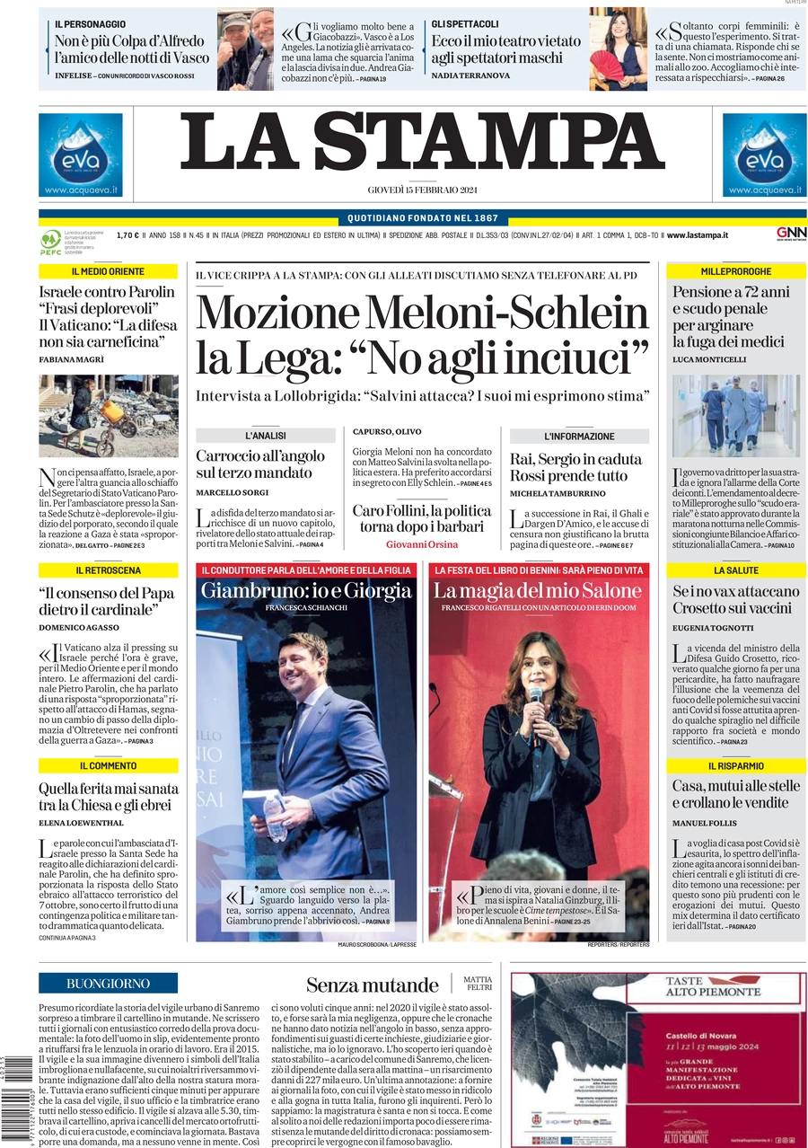 anteprima della prima pagina di la-stampa del 15/02/2024