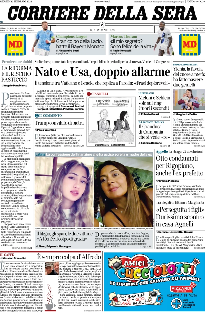 anteprima della prima pagina di corriere-della-sera del 15/02/2024