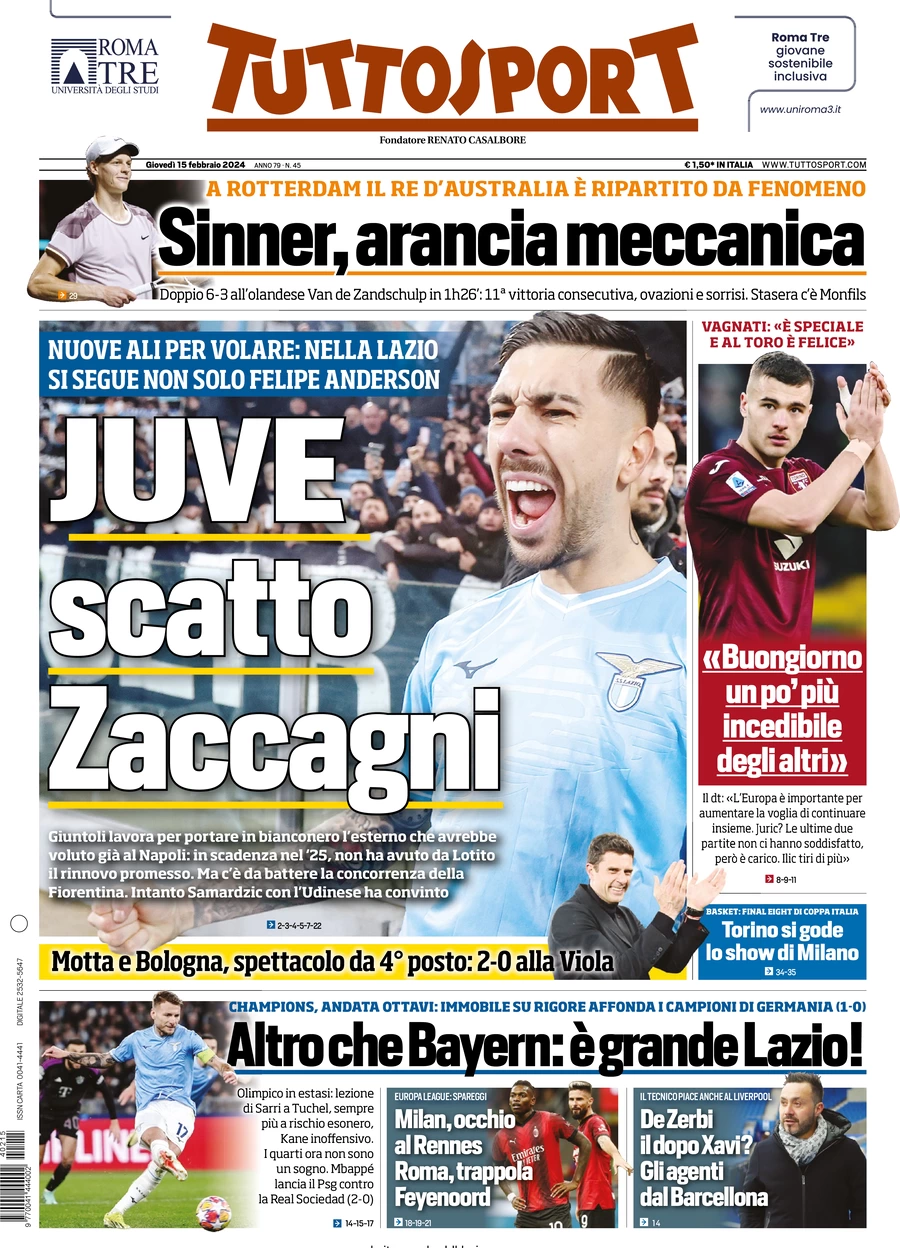 anteprima della prima pagina di tuttosport del 15/02/2024