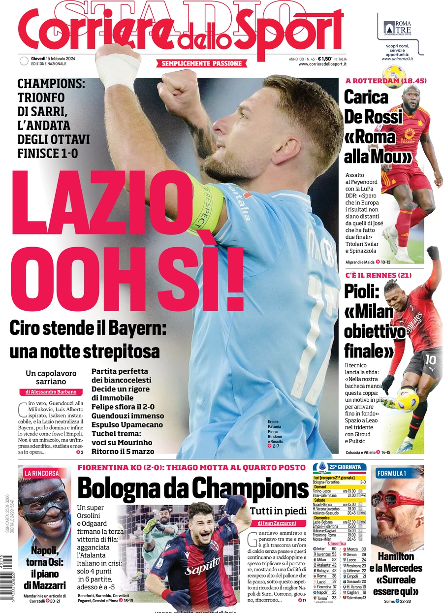 anteprima della prima pagina di corriere-dello-sport del 15/02/2024