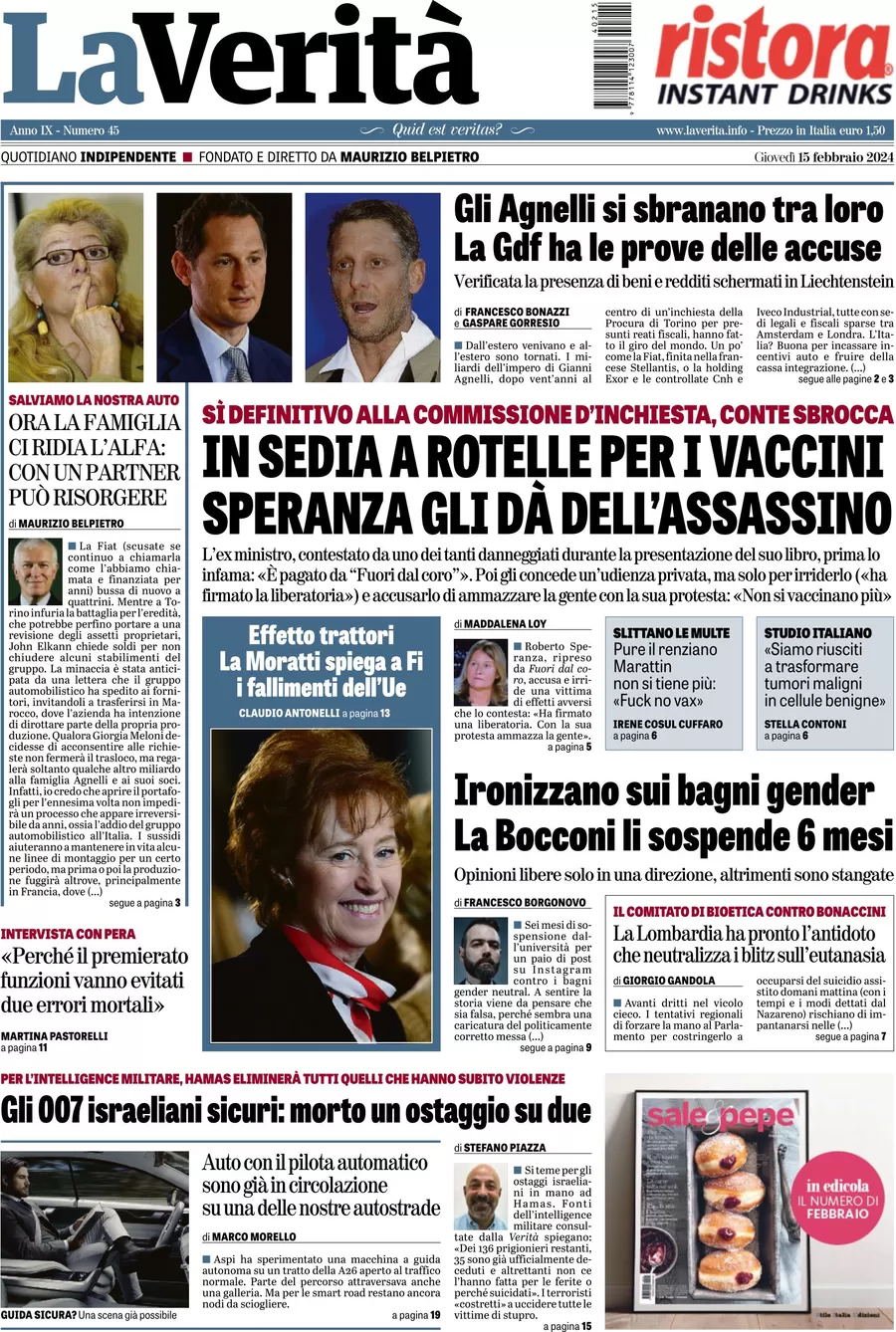 anteprima della prima pagina di la-verit del 15/02/2024