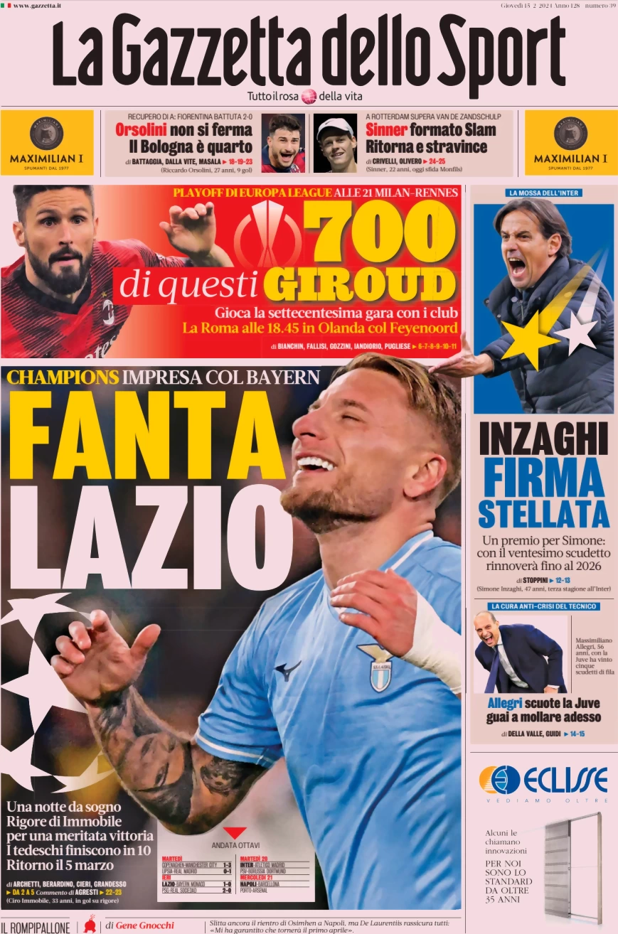 anteprima della prima pagina di la-gazzetta-dello-sport del 15/02/2024