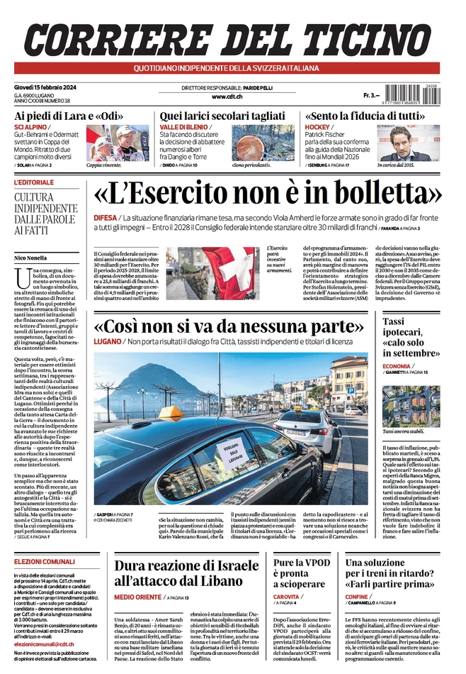 anteprima della prima pagina di corriere-del-ticino del 15/02/2024