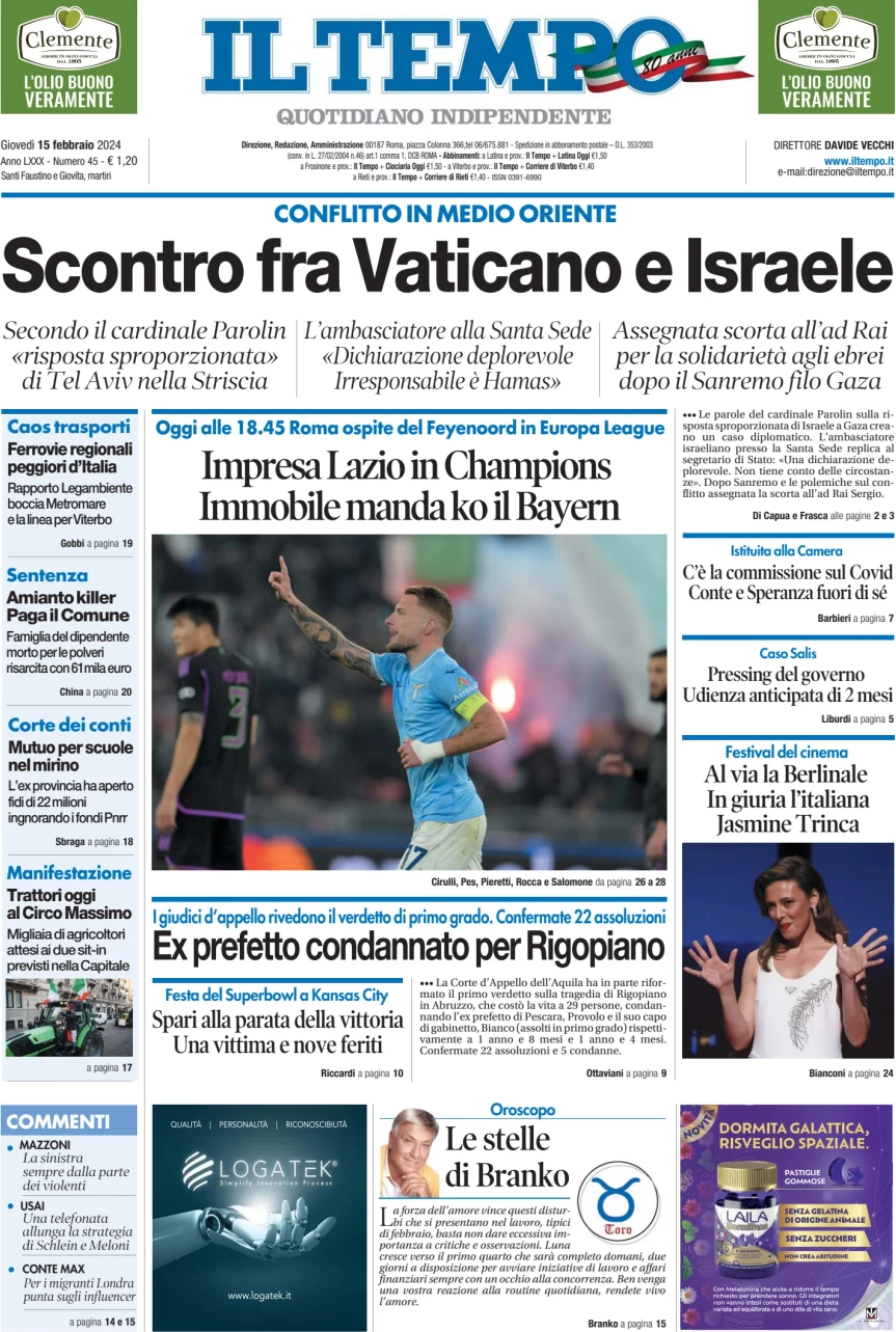 anteprima della prima pagina di il-tempo del 15/02/2024