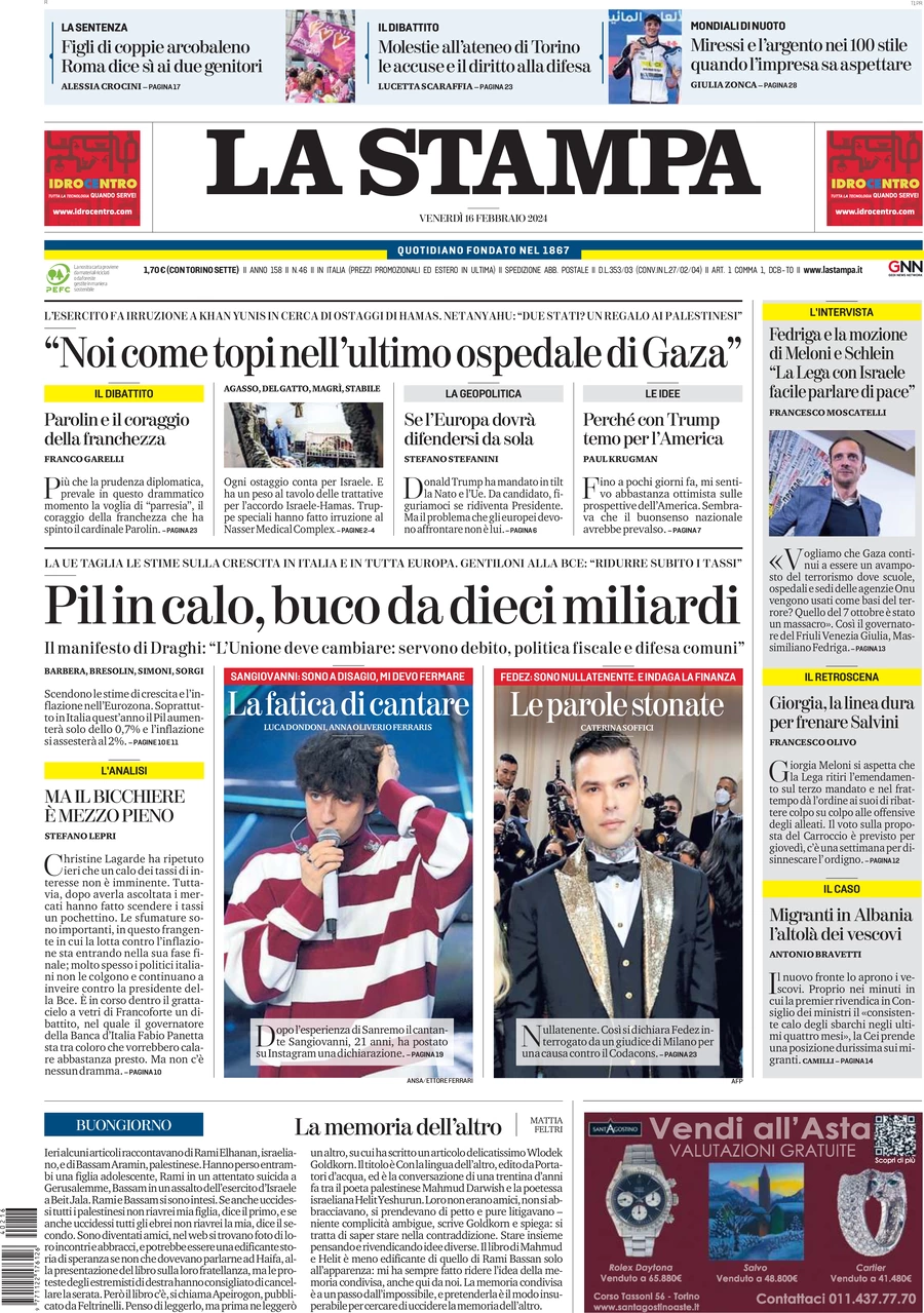 anteprima della prima pagina di la-stampa del 16/02/2024