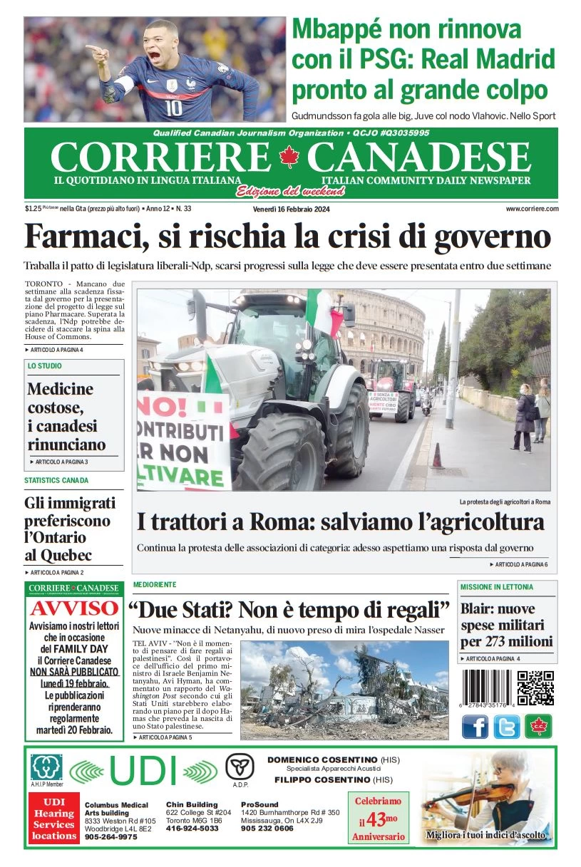 anteprima della prima pagina di corriere-canadese del 16/02/2024