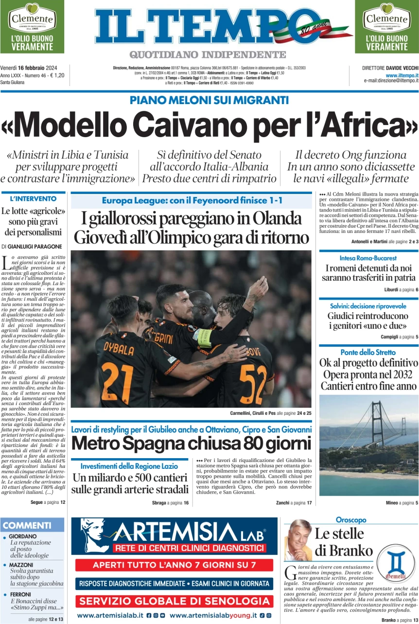 anteprima della prima pagina di il-tempo del 16/02/2024