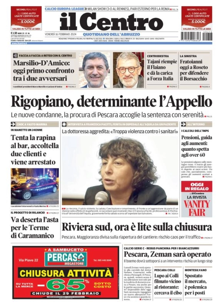 anteprima della prima pagina di il-centro-pescara del 16/02/2024