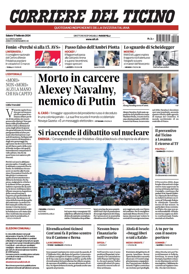 anteprima della prima pagina di corriere-del-ticino del 16/02/2024