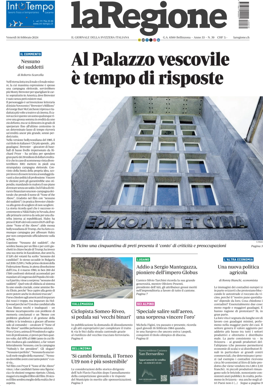 anteprima della prima pagina di la-regione del 16/02/2024