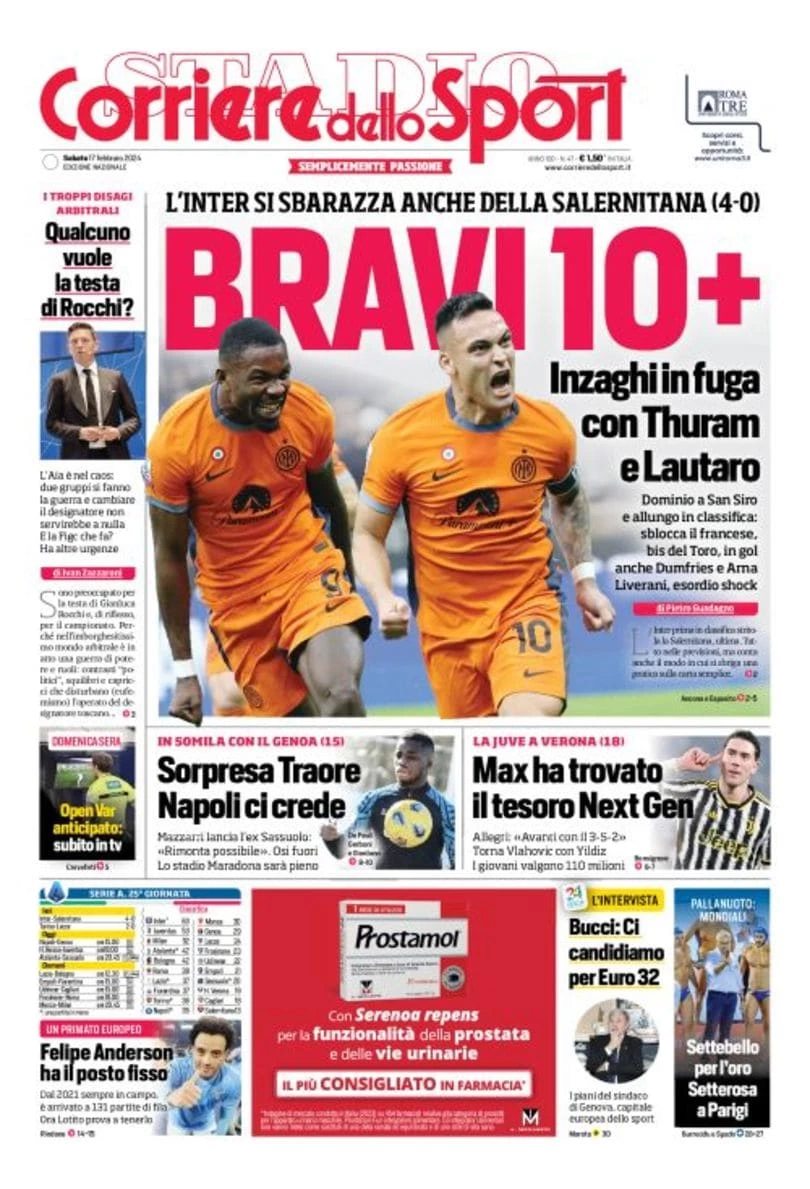 anteprima della prima pagina di corriere-dello-sport del 16/02/2024