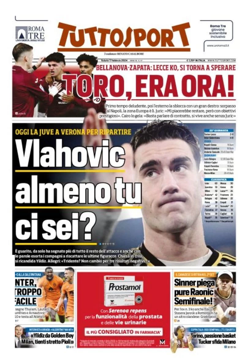 anteprima della prima pagina di tuttosport del 16/02/2024