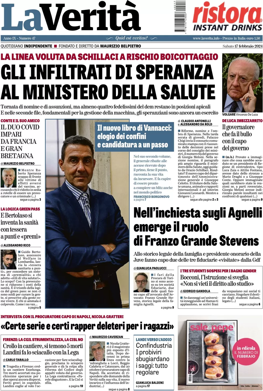 anteprima della prima pagina di la-verit del 16/02/2024