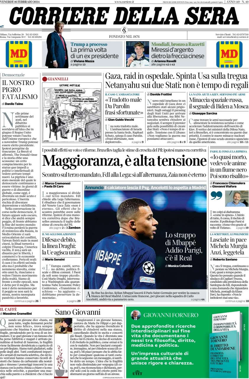 anteprima della prima pagina di corriere-della-sera del 16/02/2024