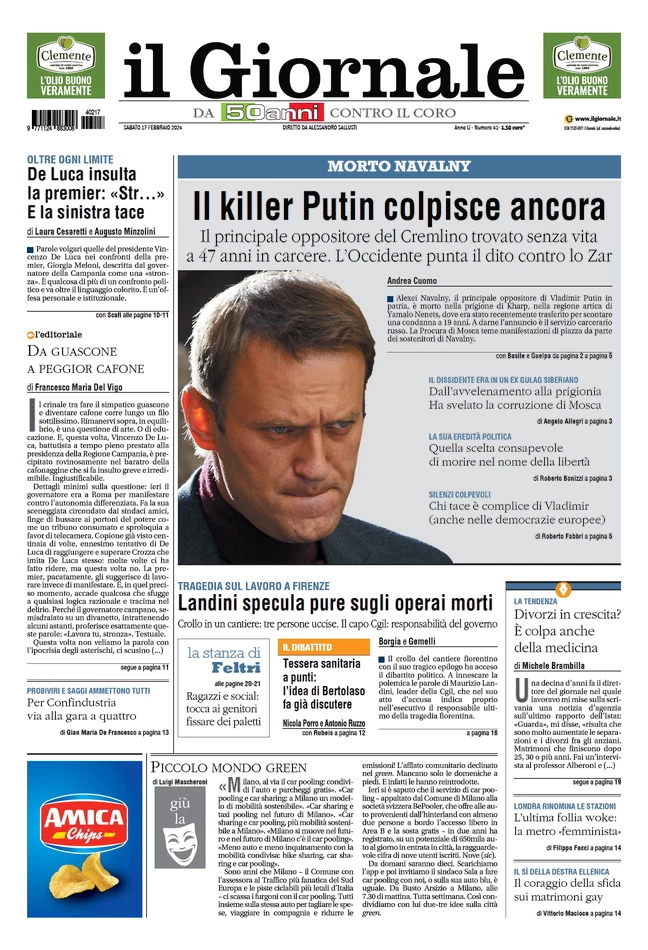 anteprima della prima pagina di il-giornale del 16/02/2024