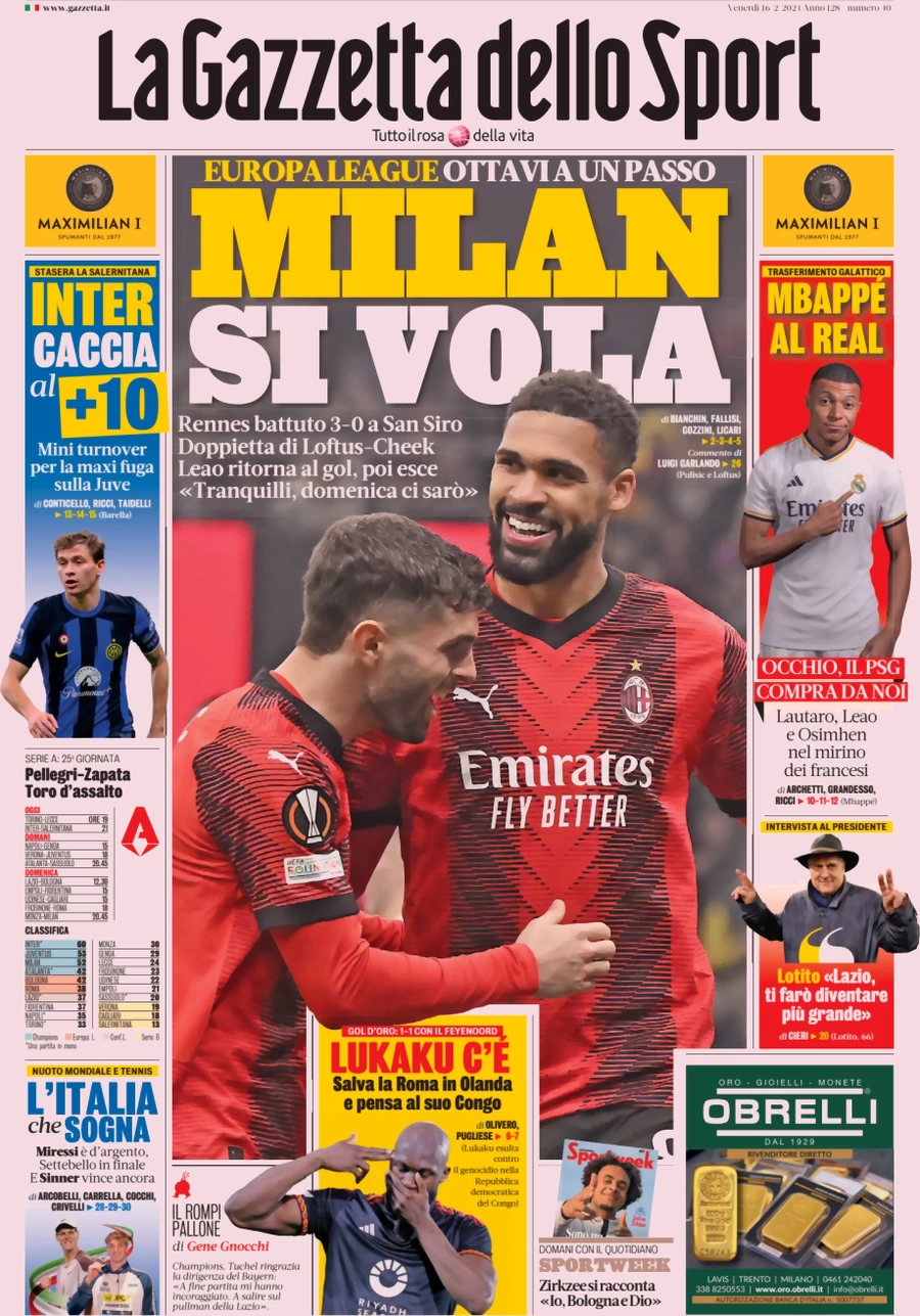 anteprima della prima pagina di la-gazzetta-dello-sport del 16/02/2024