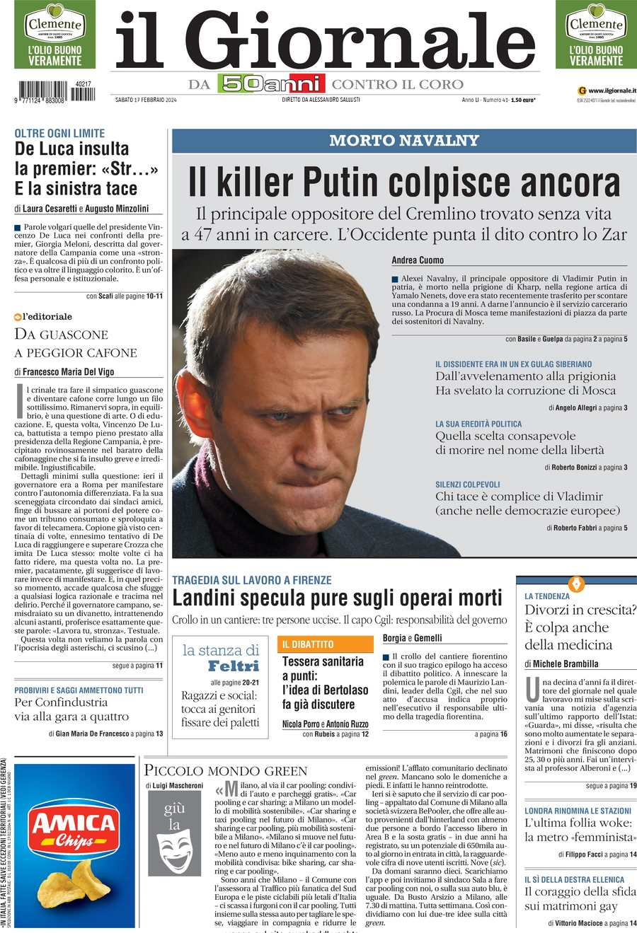 anteprima della prima pagina di il-giornale del 17/02/2024