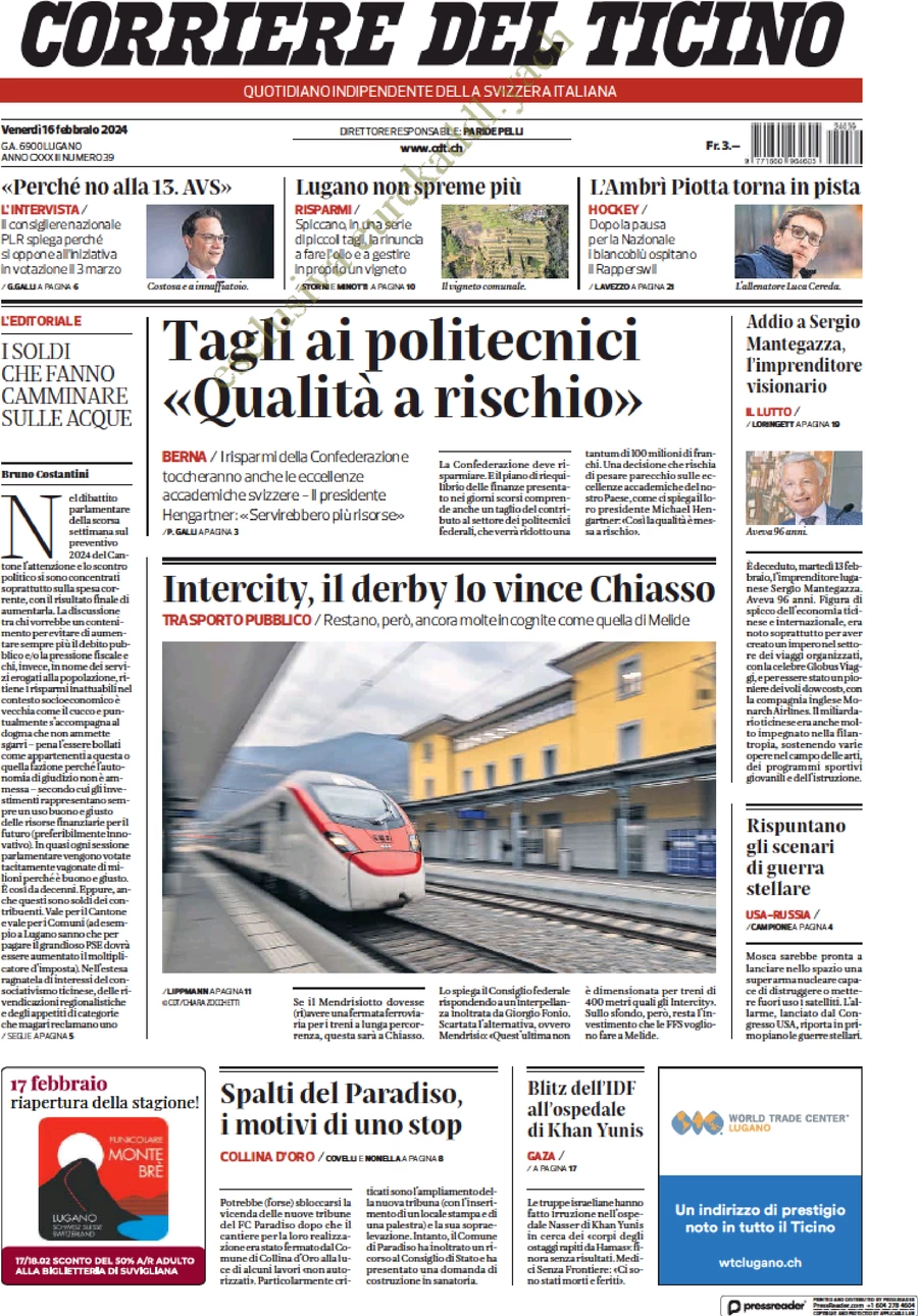 anteprima della prima pagina di corriere-del-ticino del 17/02/2024