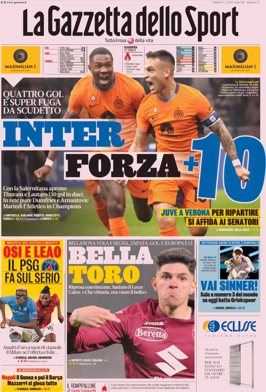 anteprima della prima pagina di la-gazzetta-dello-sport del 17/02/2024