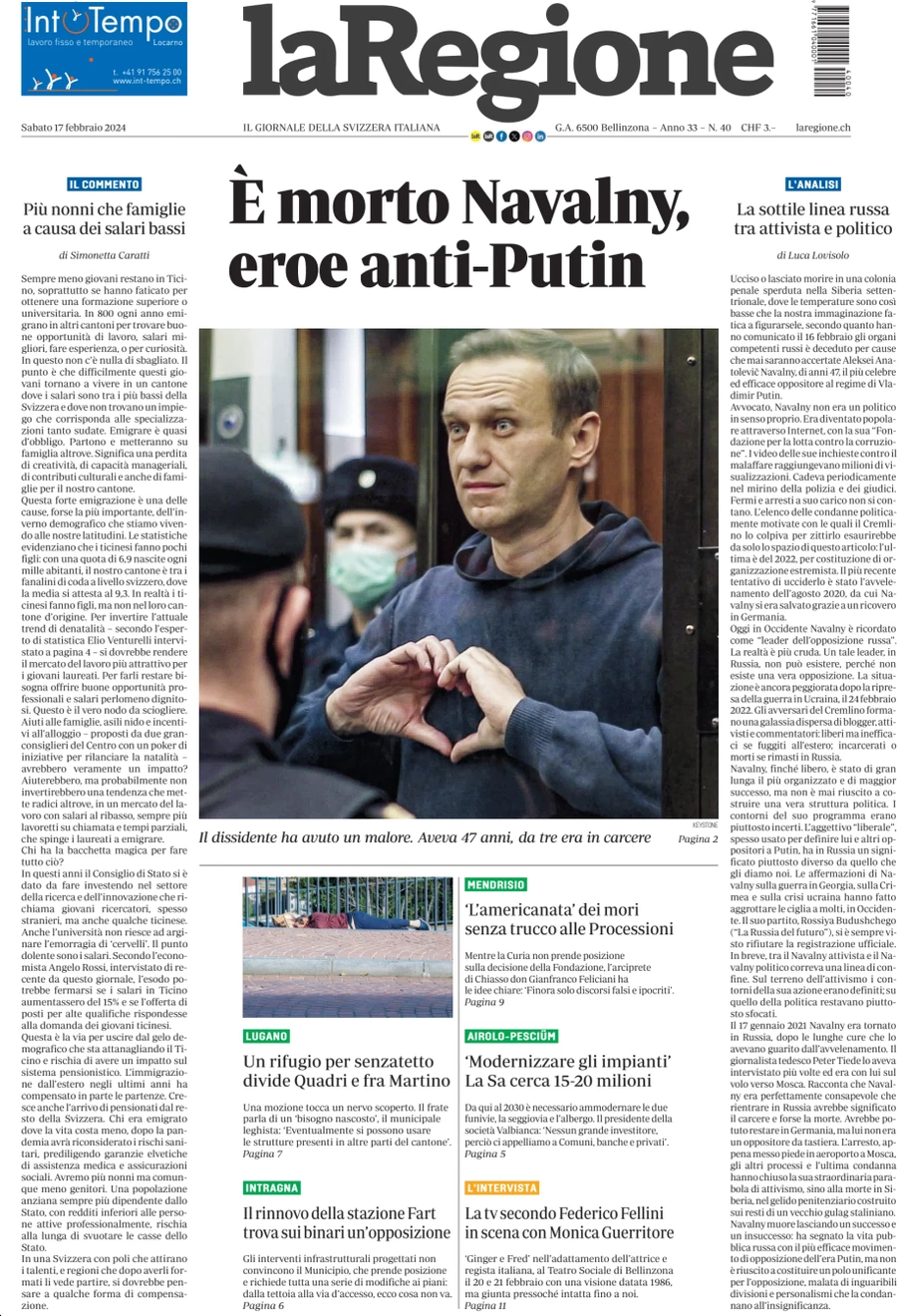 anteprima della prima pagina di la-regione del 17/02/2024